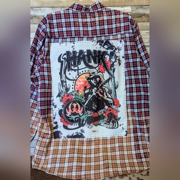 Hank Williams Jr Upcycled Handcrafted Dip Dye Bleach Flannel Shirt - Picture 2 of 16